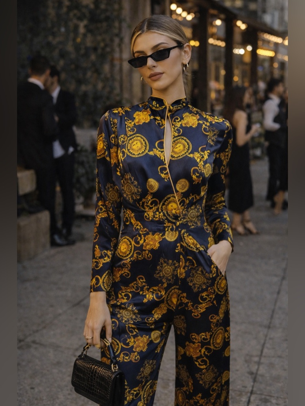 Vintage Baroque Print Jumpsuit Small Black Gold Satin Wide Leg Statement Luxe
